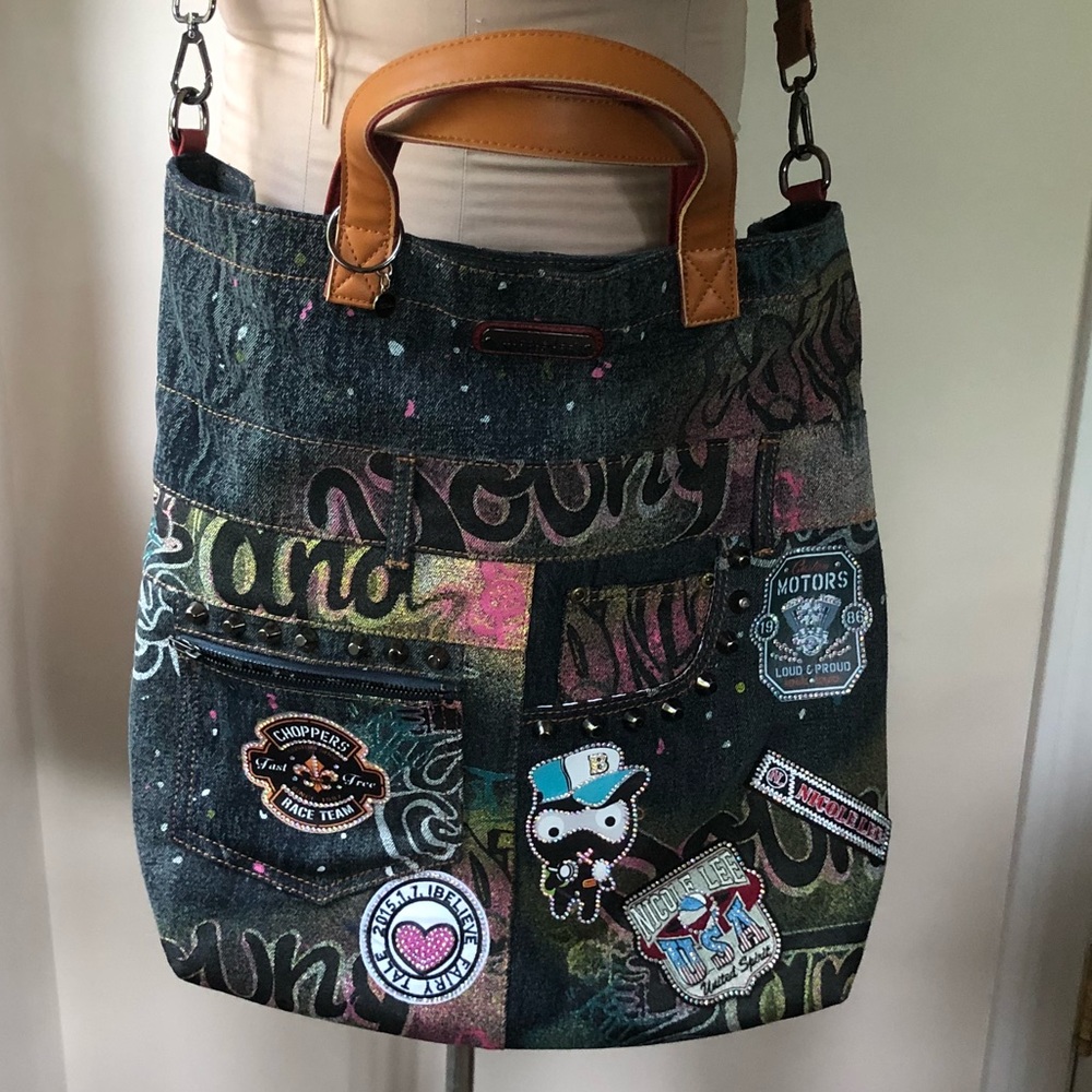 Nicole Lee denim graffiti tote satchel shoulder